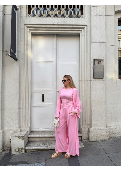 Kadın Viskon 3’lü Takım – Kimono + Beli Lastikli Salaş Pantolon + Sıfır Kol (Kolsuz) – 8 Renk