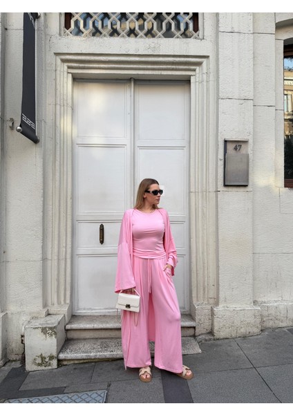 Kadın Viskon 3’lü Takım – Kimono + Beli Lastikli Salaş Pantolon + Sıfır Kol (Kolsuz) – 8 Renk