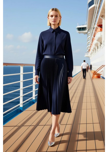 Kadın Midi Piliseli Dokuma Etek Yüksek Bel Lastikli Kalıp Fonksiyonel Dayanıklı Kaliteli Şık