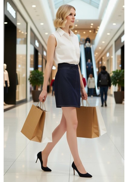 Kadın Yüksek Bel Büzgülü Mini Denim Etek %100 Pamuk Fonksiyonel Dayanıklı Kaliteli Estetik modelleri