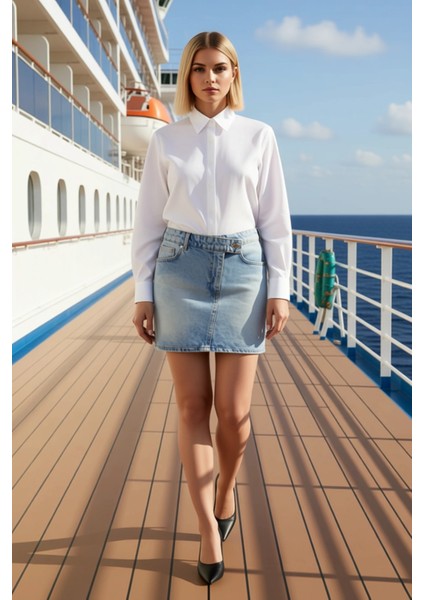 Kadın Yüksek Bel Kruvaze Bel Detaylı Mini Denim Etek %100 Pamuk Fonksiyonel Dayanıklı Spor