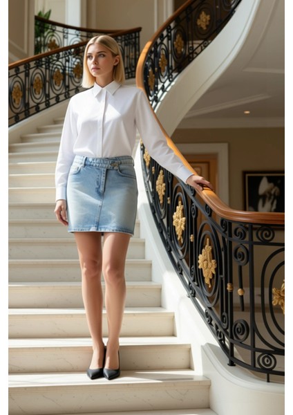 Kadın Yüksek Bel Kruvaze Bel Detaylı Mini Denim Etek %100 Pamuk Fonksiyonel Dayanıklı Spor fiyatları