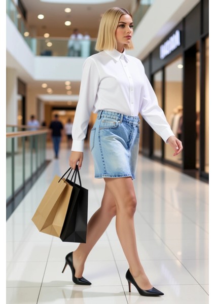 Kadın Yüksek Bel Kruvaze Bel Detaylı Mini Denim Etek %100 Pamuk Fonksiyonel Dayanıklı Spor modelleri