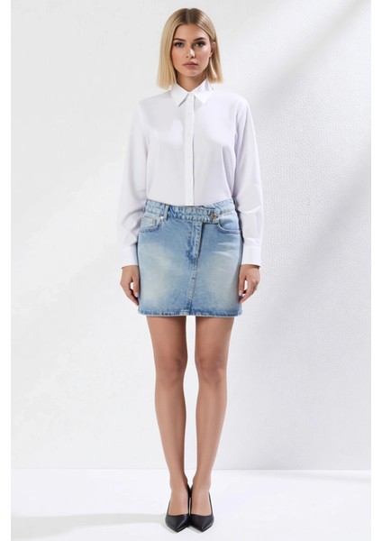 Kadın Yüksek Bel Kruvaze Bel Detaylı Mini Denim Etek %100 Pamuk Fonksiyonel Dayanıklı Spor fırsatları