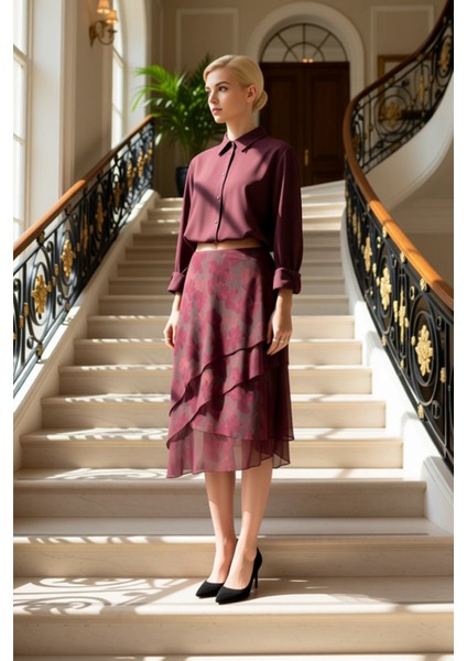 Kadın A Line Midi Etek Fırfırlı Asimetrik Kesim %94 Polyester %6 Elastan Fonksiyonel Rahat fiyatları