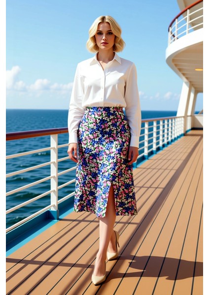 Kadın Çiçek Desenli Yırtmaçlı Midi Dokuma Etek Yüksek Bel A Kesim %100 Viskoz Fonksiyonel Şık