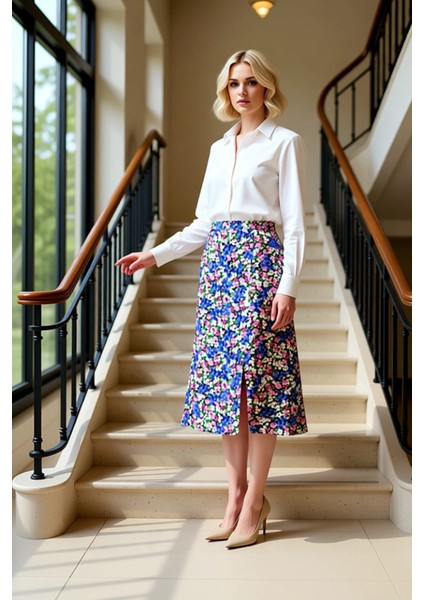 Kadın Çiçek Desenli Yırtmaçlı Midi Dokuma Etek Yüksek Bel A Kesim %100 Viskoz Fonksiyonel Şık fiyatları