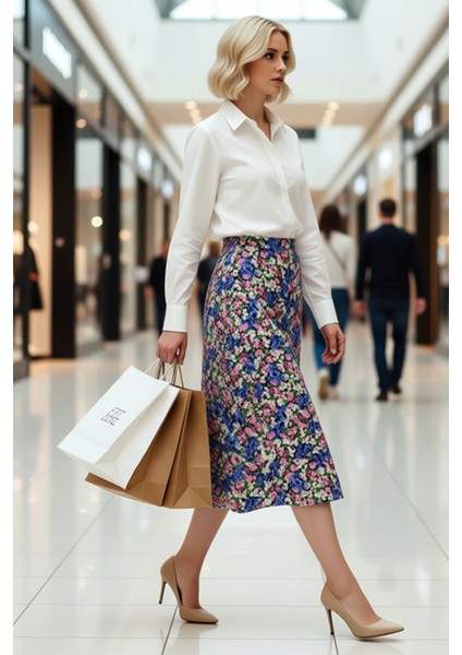 Kadın Çiçek Desenli Yırtmaçlı Midi Dokuma Etek Yüksek Bel A Kesim %100 Viskoz Fonksiyonel Şık modelleri