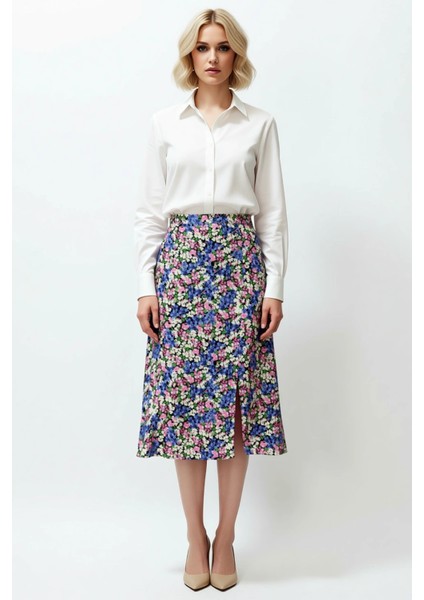 Kadın Çiçek Desenli Yırtmaçlı Midi Dokuma Etek Yüksek Bel A Kesim %100 Viskoz Fonksiyonel Şık fırsatları