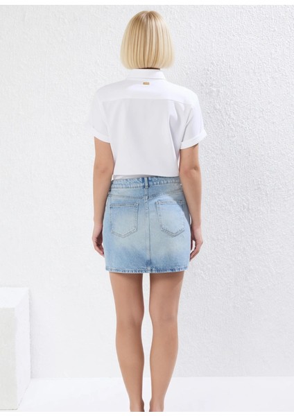 Kadın Yüksek Bel Kruvaze Bel Detaylı Mini Denim Etek %100 Pamuk Fonksiyonel Dayanıklı Spor indirimleri