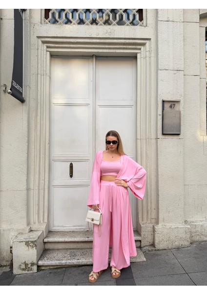 Kadın Viskon 3’lü Takım – Kimono + Beli Lastikli Salaş Pantolon + Crop – 8 Renk