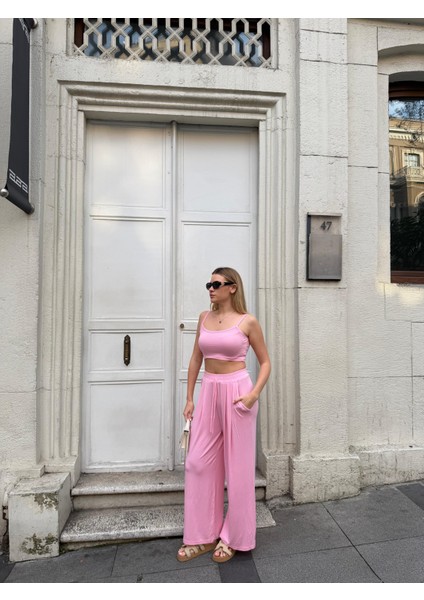 Kadın Viskon 3’lü Takım – Kimono + Beli Lastikli Salaş Pantolon + Crop – 8 Renk modelleri