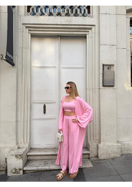 Kadın Viskon 3’lü Takım – Kimono + Beli Lastikli Salaş Pantolon + Crop – 8 Renk indirimleri