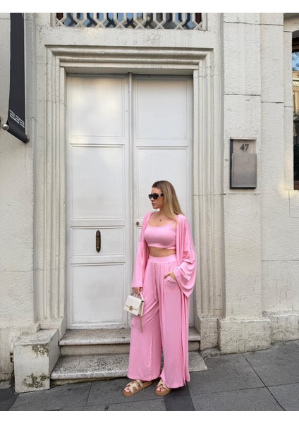 Kadın Viskon 3’lü Takım – Kimono + Beli Lastikli Salaş Pantolon + Crop – 8 Renk