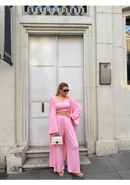 Kadın Viskon 3’lü Takım – Kimono + Beli Lastikli Salaş Pantolon + Crop – 8 Renk