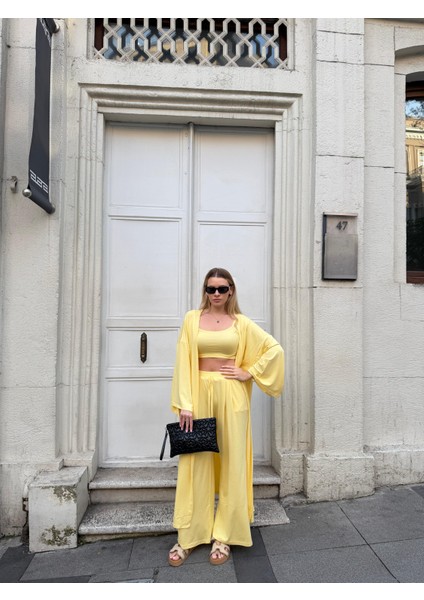 Kadın Viskon 3’lü Takım – Kimono + Beli Lastikli Salaş Pantolon + Crop – 8 Renk