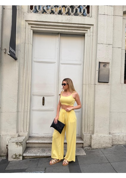 Kadın Viskon 3’lü Takım – Kimono + Beli Lastikli Salaş Pantolon + Crop – 8 Renk fiyatları