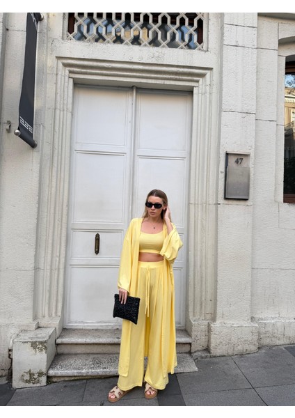 Kadın Viskon 3’lü Takım – Kimono + Beli Lastikli Salaş Pantolon + Crop – 8 Renk modelleri