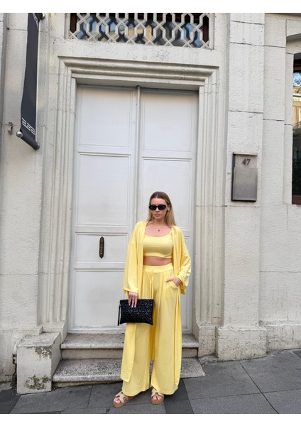 Kadın Viskon 3’lü Takım – Kimono + Beli Lastikli Salaş Pantolon + Crop – 8 Renk fırsatları