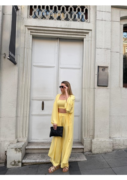 Kadın Viskon 3’lü Takım – Kimono + Beli Lastikli Salaş Pantolon + Crop – 8 Renk indirimleri