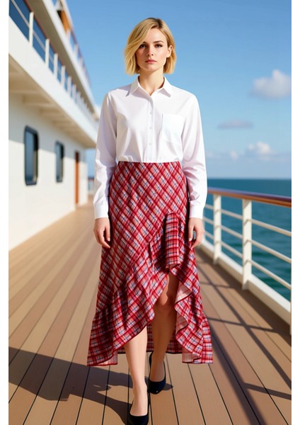 Kadın Asimetrik Midi Etek %100 Viskoz Ekose Desenli Fonksiyonel Dayanıklı Kaliteli Estetik