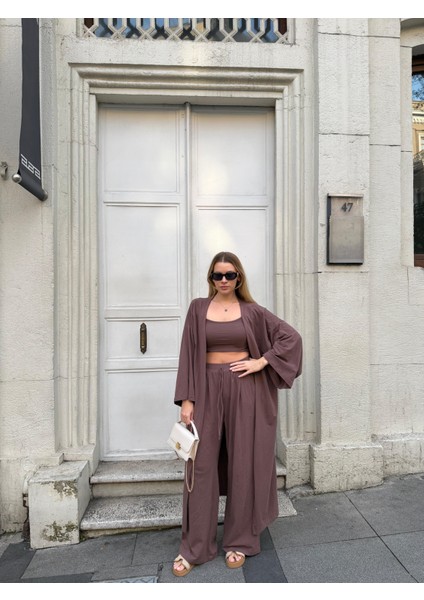 Kadın Viskon 3’lü Takım – Kimono + Beli Lastikli Salaş Pantolon + Crop – 8 Renk