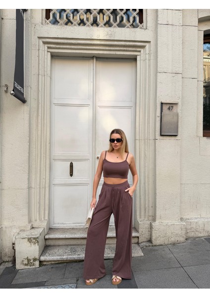 Kadın Viskon 3’lü Takım – Kimono + Beli Lastikli Salaş Pantolon + Crop – 8 Renk fırsatları