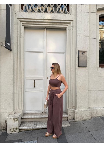 Kadın Viskon 3’lü Takım – Kimono + Beli Lastikli Salaş Pantolon + Crop – 8 Renk indirimleri