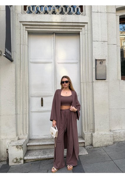 Kadın Viskon 3’lü Takım – Kimono + Beli Lastikli Salaş Pantolon + Crop – 8 Renk