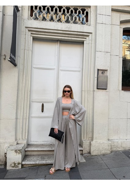 Kadın Viskon 3’lü Takım – Kimono + Beli Lastikli Salaş Pantolon + Crop – 8 Renk