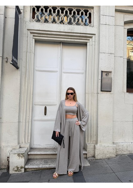 Kadın Viskon 3’lü Takım – Kimono + Beli Lastikli Salaş Pantolon + Crop – 8 Renk fırsatları