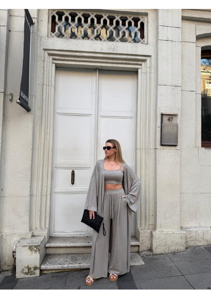 Kadın Viskon 3’lü Takım – Kimono + Beli Lastikli Salaş Pantolon + Crop – 8 Renk indirimleri