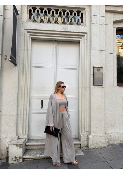 Kadın Viskon 3’lü Takım – Kimono + Beli Lastikli Salaş Pantolon + Crop – 8 Renk