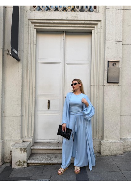 Kadın Viskon 3’lü Takım – Kimono + Beli Lastikli Salaş Pantolon + Kısa Kol (Tshirt) – 8 Renk modelleri