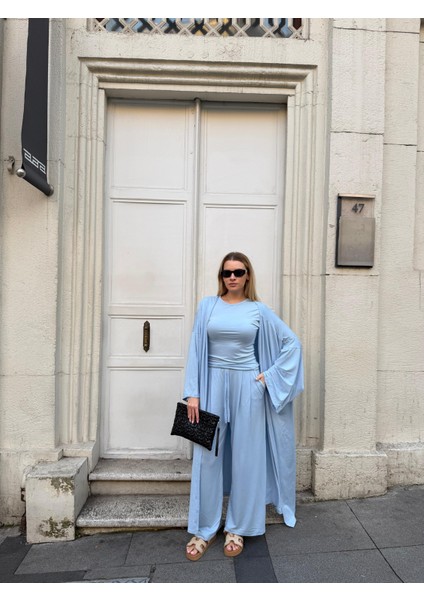 Kadın Viskon 3’lü Takım – Kimono + Beli Lastikli Salaş Pantolon + Kısa Kol (Tshirt) – 8 Renk indirimleri