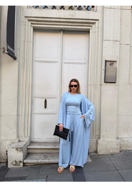 Kadın Viskon 3’lü Takım – Kimono + Beli Lastikli Salaş Pantolon + Kısa Kol (Tshirt) – 8 Renk