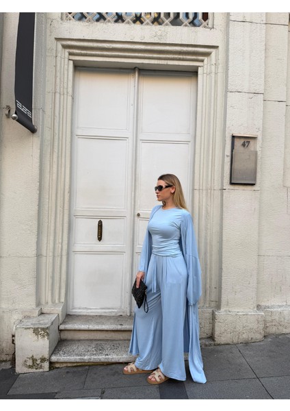 Kadın Viskon 3’lü Takım – Kimono + Beli Lastikli Salaş Pantolon + Kısa Kol (Tshirt) – 8 Renk