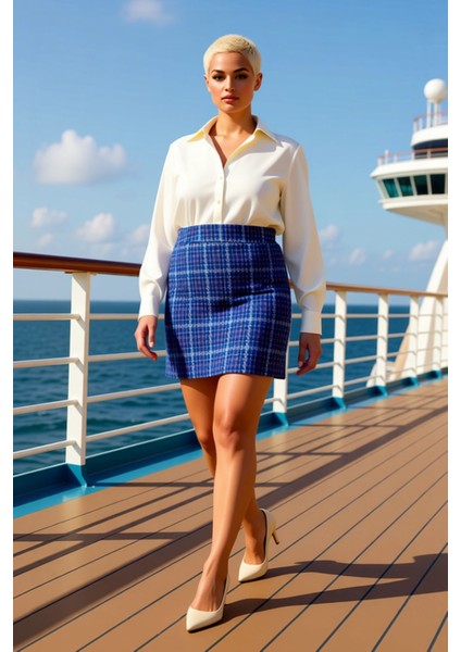 Kadın Tüvit Dokuma Ekose Desenli Kalem Mini Etek Yüksek Bel Fonksiyonel Dayanıklı Kaliteli