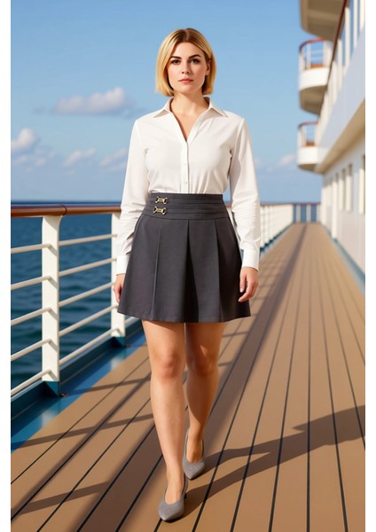 Kadın Yüksek Bel Pilili Mini Dokuma Etek Fonksiyonel Dayanıklı Kaliteli Konforlu Estetik Şık