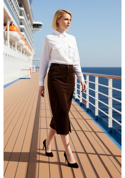 Kadın Midi Yırtmaçlı Denim Etek Yüksek Bel Düz Kalıp Fonksiyonel Dayanıklı Kaliteli Modern