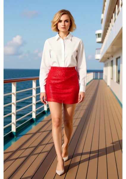 Kadın Düz Örme Payetli Mini Etek Yüksek Bel Fonksiyonel Dayanıklı Kaliteli Konforlu Modern