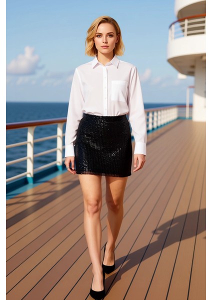 Kadın Düz Örme Payetli Mini Etek Yüksek Bel Fonksiyonel Dayanıklı Kaliteli Konforlu Modern