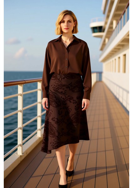 Kadın A Line Midi Etek Şal Desenli Düşük Bel %92 Polyester %8 Elastan Fonksiyonel Kaliteli