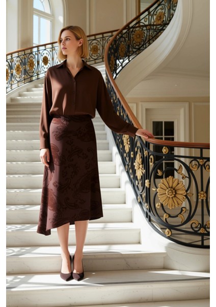 Kadın A Line Midi Etek Şal Desenli Düşük Bel %92 Polyester %8 Elastan Fonksiyonel Kaliteli fiyatları