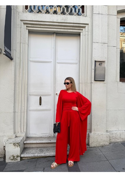 Kadın Viskon 3’lü Takım – Kimono + Beli Lastikli Salaş Pantolon + Sıfır Kol (Kolsuz) – 8 Renk fiyatları