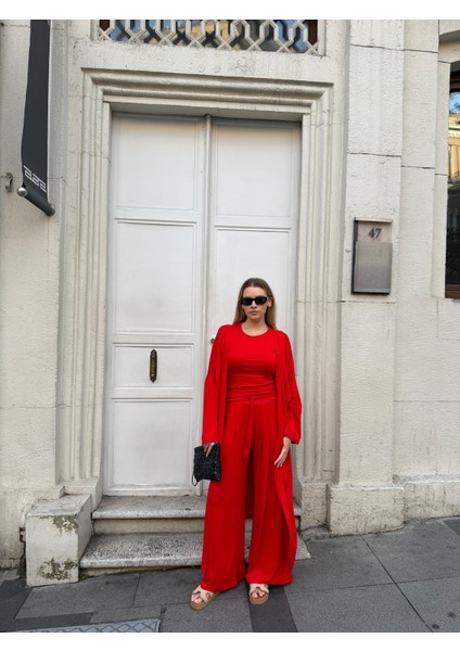 Kadın Viskon 3’lü Takım – Kimono + Beli Lastikli Salaş Pantolon + Sıfır Kol (Kolsuz) – 8 Renk fırsatları