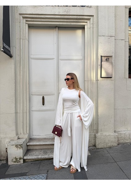 Kadın Viskon 3’lü Takım – Kimono + Beli Lastikli Salaş Pantolon + Sıfır Kol (Kolsuz) – 8 Renk