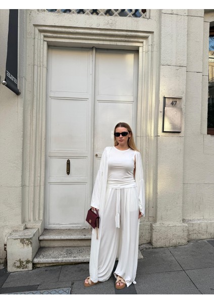 Kadın Viskon 3’lü Takım – Kimono + Beli Lastikli Salaş Pantolon + Sıfır Kol (Kolsuz) – 8 Renk fiyatları