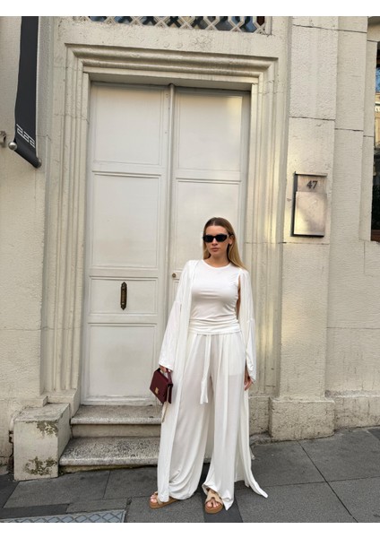 Kadın Viskon 3’lü Takım – Kimono + Beli Lastikli Salaş Pantolon + Sıfır Kol (Kolsuz) – 8 Renk indirimleri