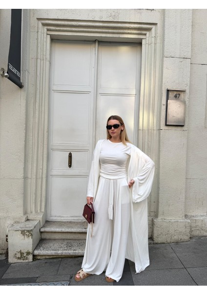 Kadın Viskon 3’lü Takım – Kimono + Beli Lastikli Salaş Pantolon + Sıfır Kol (Kolsuz) – 8 Renk